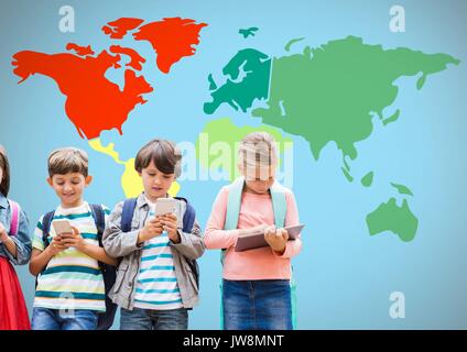 Digital composite of Kids on devices in front of colorful world map Stock Photo