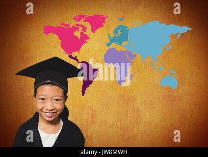 Digital composite of Schoolgirl in graduation hat in front of colorful world map Stock Photo