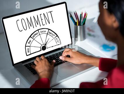 Digital composite of Comment text and ratings graphic on laptop screen with womans hands Stock Photo