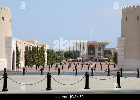 View down the colonnade towards Al Alam Palace in Muscat, Oman on 10 August 2017. The palace is mainly used by the countryâ€™s ruler, Sultan Qaboos, f Stock Photo