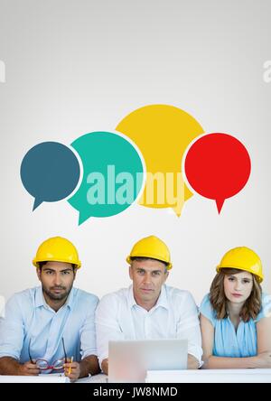 Digital composite of Construction people at a table with speech bubbles against grey background Stock Photo