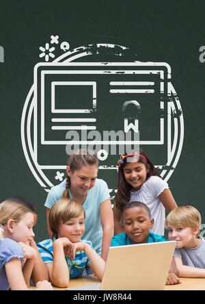 Digital composite of Students at table looking at a computer against green blackboard with school and education graphic Stock Photo