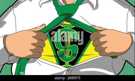 Illustration of businessman in superhero suit opening shirt in comic book style with dollar sign on chest Stock Vector