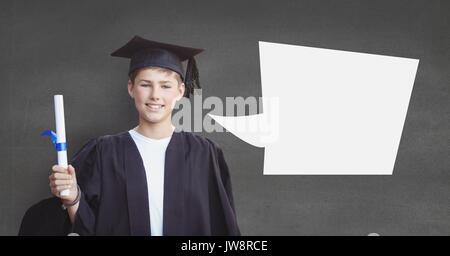 Digital composite of Graduate student boy with speech bubble holding his diploma against grey background Stock Photo