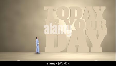 Digital composite of Business man standing in front of a motivational text Stock Photo