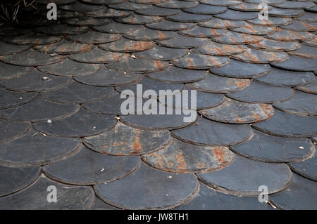 Natural stone shingles used for roofing. Photographed in  Son, Province of Lleida, Catalonia, Spain Stock Photo