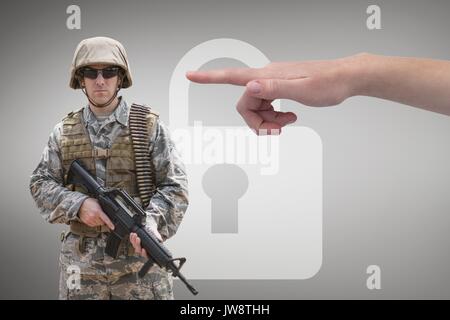 Digital composite of Hand pointing at soldier against grey background ...