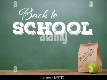 Digital composite of Lunch on Desk foreground with blackboard graphics of Back to school Stock Photo