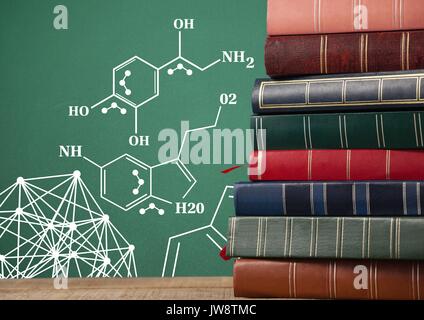 Digital composite of Stack of books next to blackboard with science diagrams