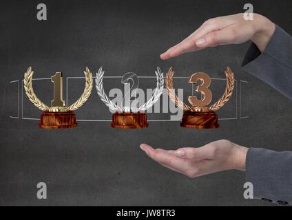 Digital composite of Woman with trophies on hands Stock Photo