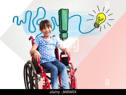 Digital composite of Disabled girl in wheelchair with colorful idea graphics Stock Photo