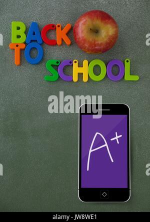 Digital composite of Phone on a school table with A+ text on screen Stock Photo