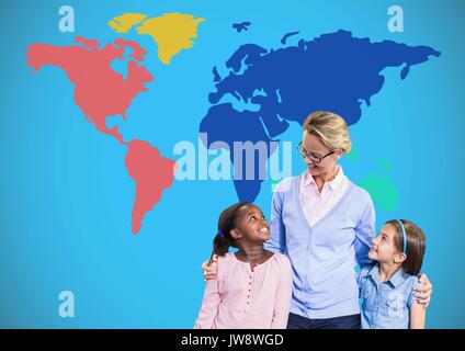 Digital composite of Kids with teacher in front of colorful world map Stock Photo