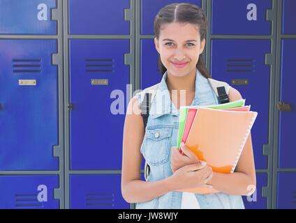 Digital composite of female student holding files in front of lockers Stock Photo