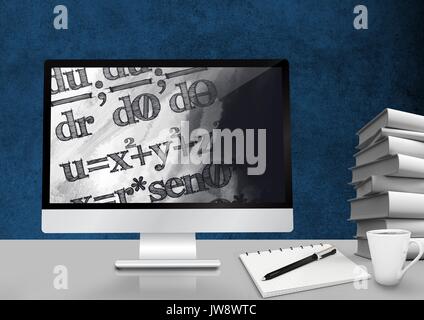 Digital composite of Computer Desk foreground with blackboard graphics of equation formulas Stock Photo