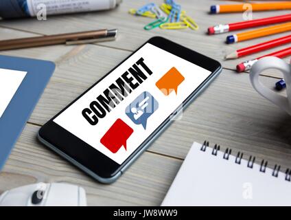 Digital composite of Comment text and chat graphic on phone screen Stock Photo