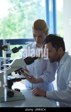 University students using digital tablet while doing experiment on microscope in laboratory at college Stock Photo
