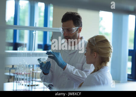 Attentive university students doing a experiment in laboratory Stock Photo