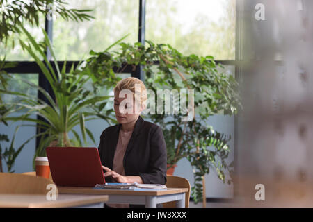 Attentive university student using laptop in college Stock Photo