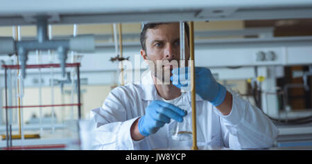 Attentive university student doing a chemical experiment in laboratory Stock Photo