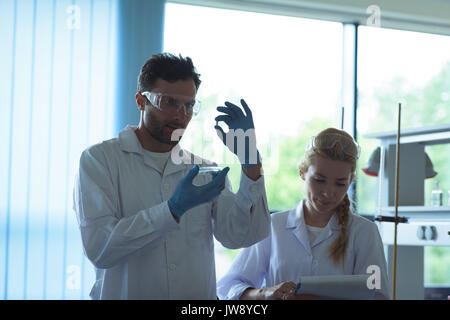 Attentive university students doing a experiment in laboratory Stock Photo