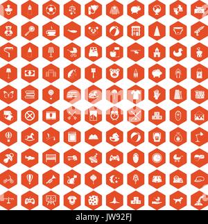 100 nursery icons hexagon orange Stock Vector