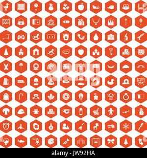 100 nursery school icons hexagon orange Stock Vector