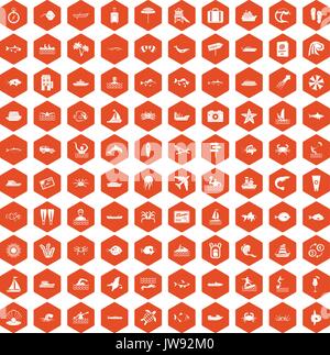 100 ocean icons hexagon orange Stock Vector