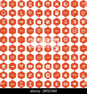 100 oceanologist icons hexagon orange Stock Vector