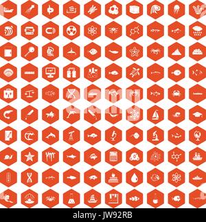100 oceanology icons hexagon orange Stock Vector