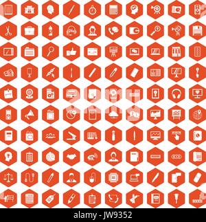 100 office work icons hexagon orange Stock Vector