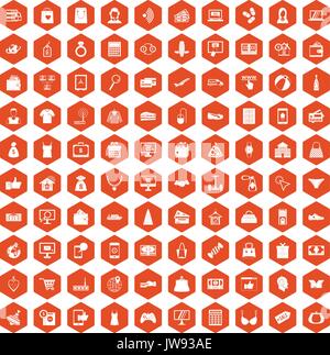 100 online shopping icons hexagon orange Stock Vector