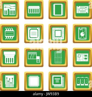 Computer chips icons set green Stock Vector