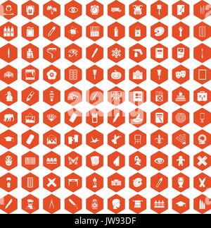 100 paint school icons hexagon orange Stock Vector