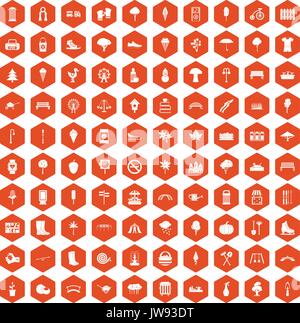 100 park icons hexagon orange Stock Vector
