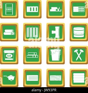 Building materials icons set green Stock Vector