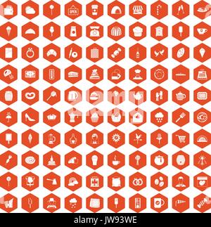 100 patisserie icons hexagon orange Stock Vector