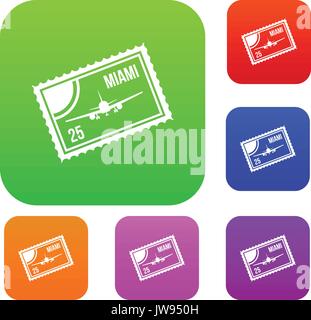 Stamp with plane and text Miami inside set collection Stock Vector