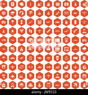 100 plane icons hexagon orange Stock Vector
