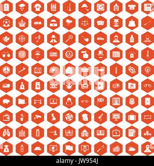 100 police icons hexagon orange Stock Vector