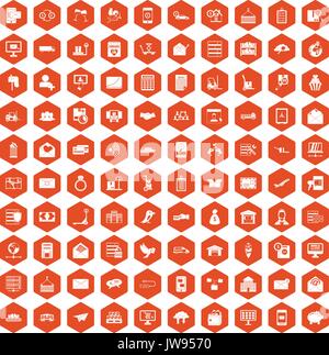 100 postal service icons hexagon orange Stock Vector