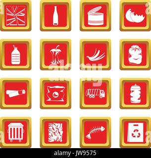 Waste and garbage icons set red Stock Vector
