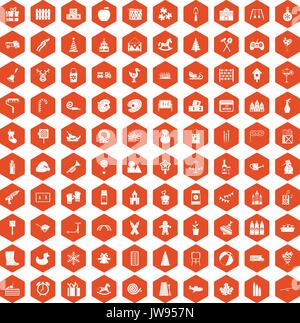 100 preschool education icons hexagon orange Stock Vector