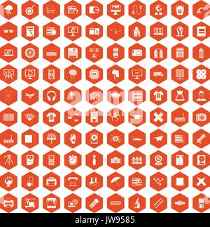 100 printer icons hexagon orange Stock Vector