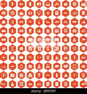 100 property icons hexagon orange Stock Vector