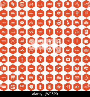 100 public transport icons hexagon orange Stock Vector