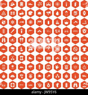 100 rafting icons hexagon orange Stock Vector