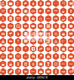 100 railway icons hexagon orange Stock Vector
