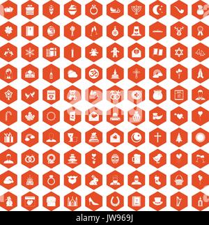 100 religious festival icons hexagon orange Stock Vector