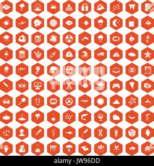 100 research icons hexagon orange Stock Vector